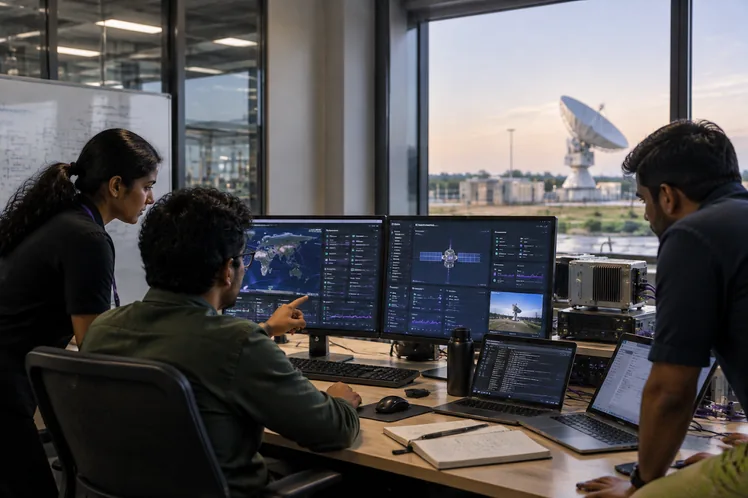 Engineers at mission-control workstations tracking satellite data, with a ground-station dish outside the window