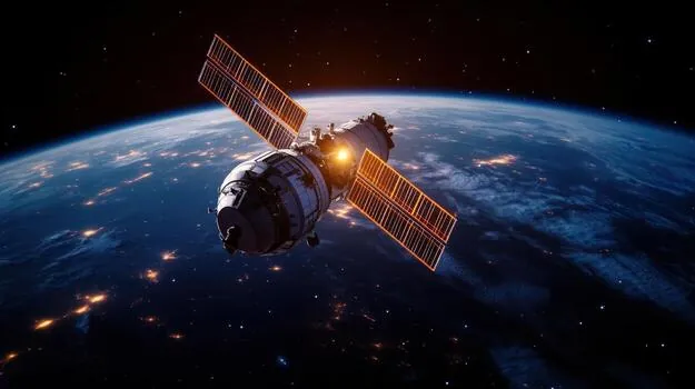 Satellite in orbit above Earth at night
